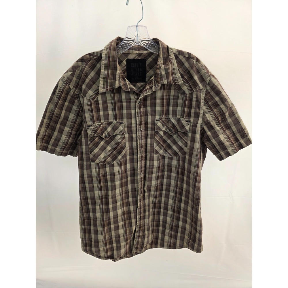 Calvin Klein Jeans Mens Large Brown Plaid Western Embroidered Short Sleeve Shirt